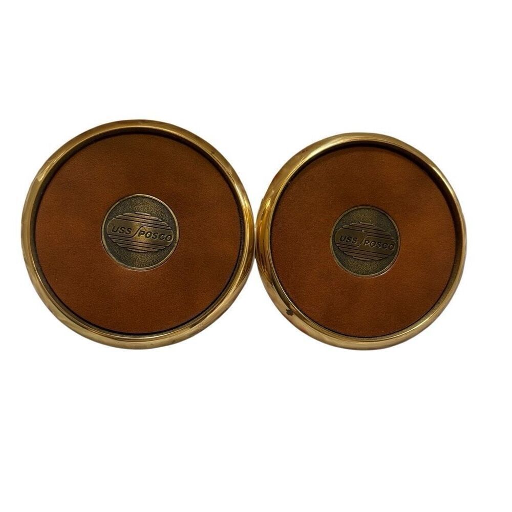USS POSCO Brass Leather Drink Coasters